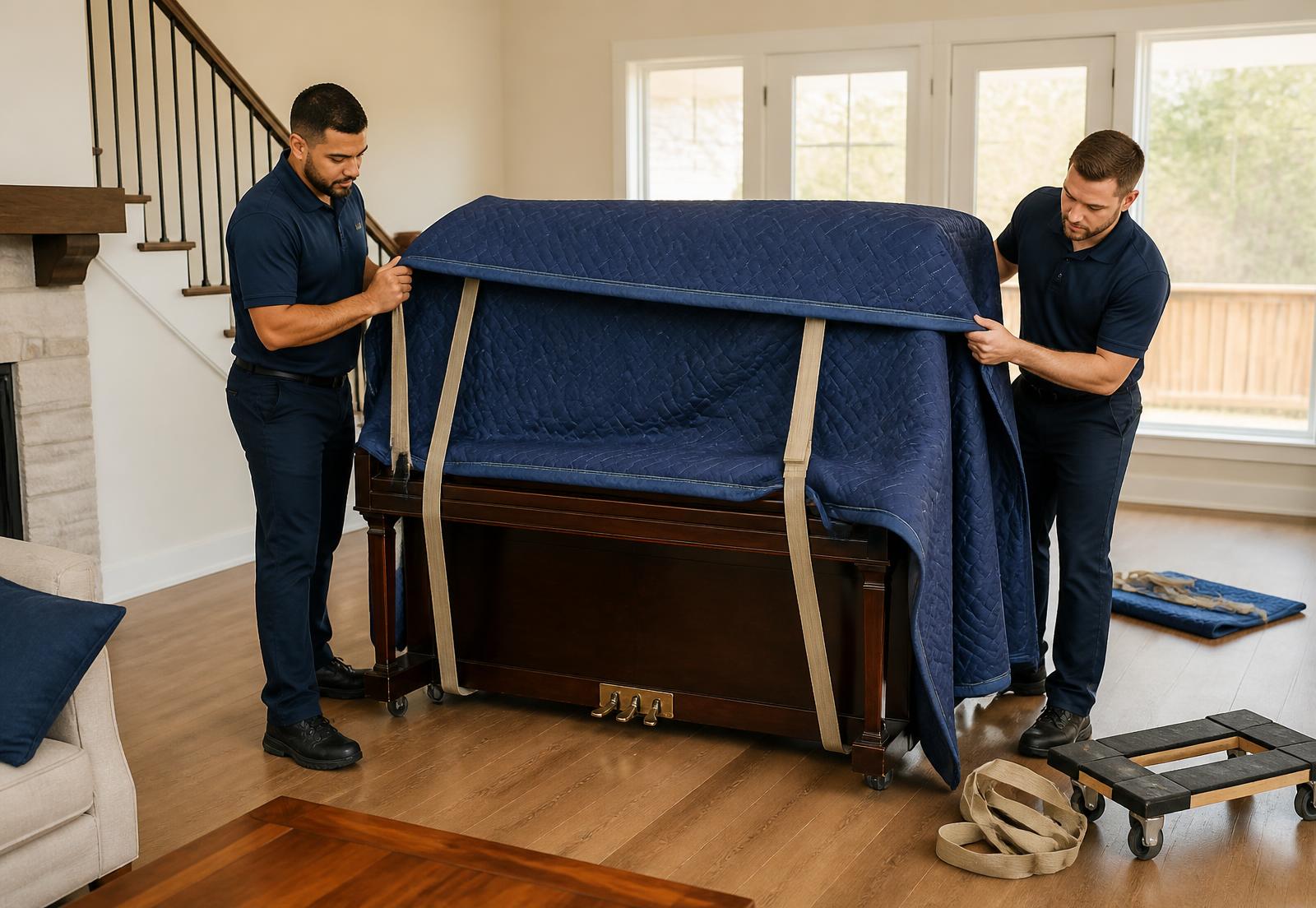 Two movers wrapping an upright piano in quilted blankets in a San Antonio home